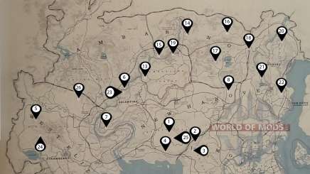 Map of dinosaur bones locations in RDR 2